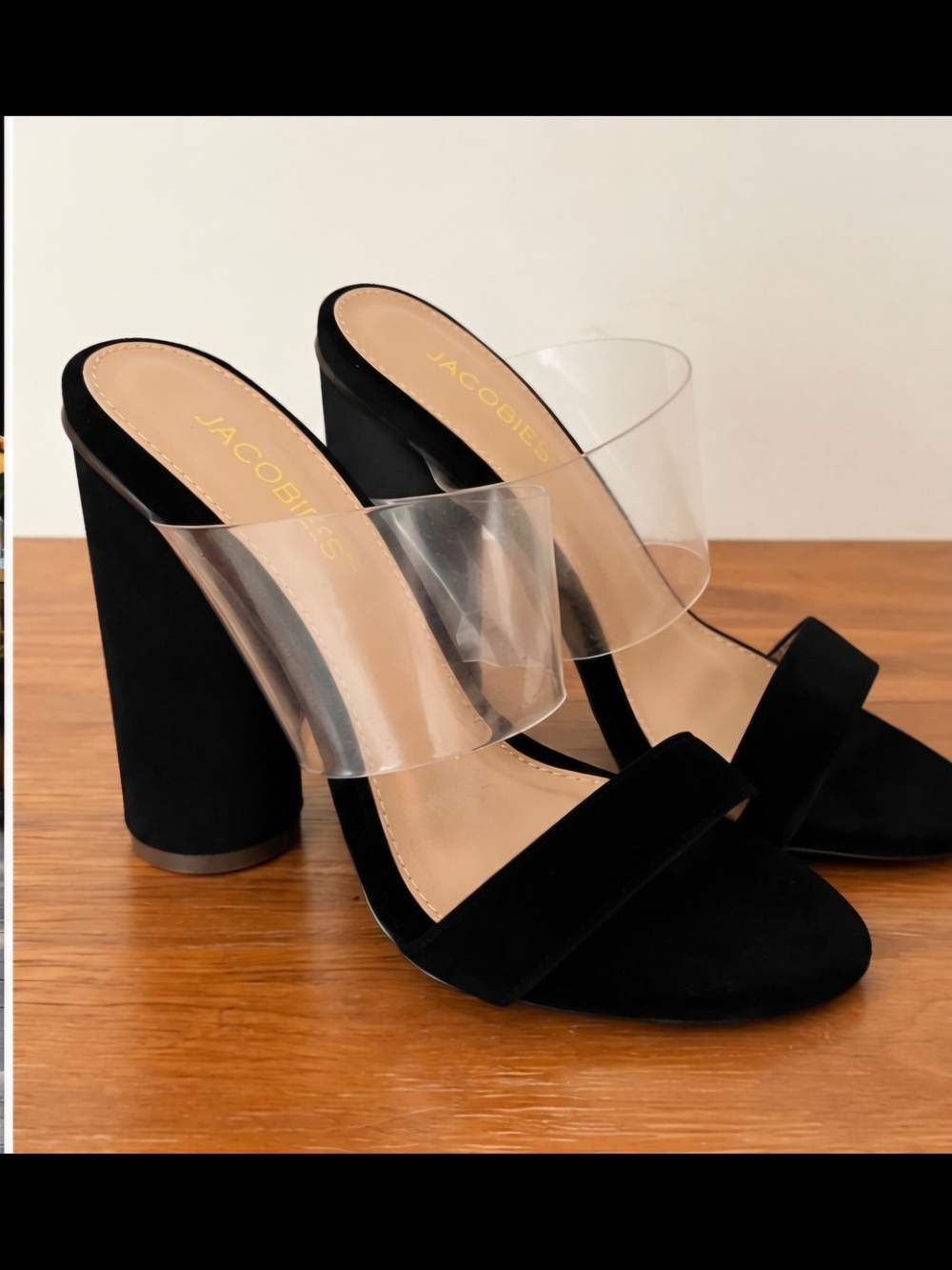 Jacobie Black Suede Block Heel Sandals with Clear Strap